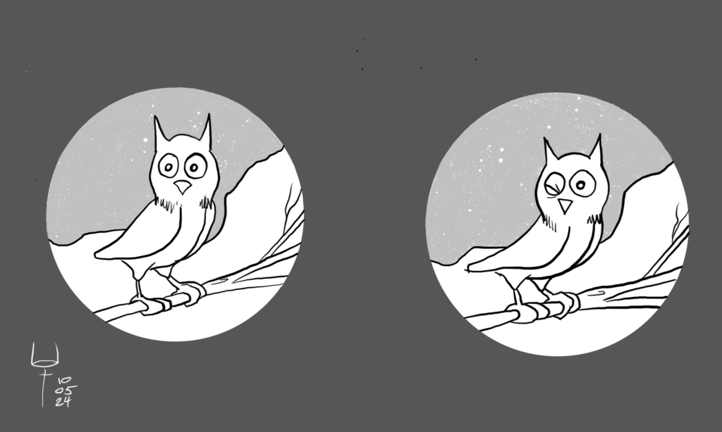 A cartoon owl perched on a branch is drawn as if seen through both lens of a pair or binoculars. The owl looks the same through each lens, with the exception that owl seen through the right lens is winking.