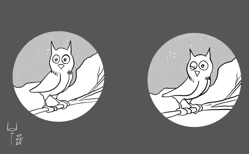 A cartoon owl perched on a branch is drawn as if seen through both lens of a pair or binoculars. The owl looks the same through each lens, with the exception that owl seen through the right lens is winking.