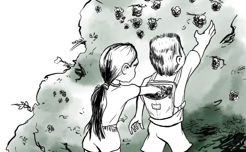 A cartoon drawing of myself and my cousin when we were children. We are picking blackberries from a bush that towers over us.