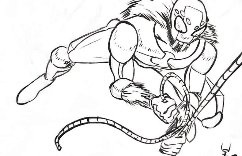 A drawing of a comic book character swinging from a steel cable.