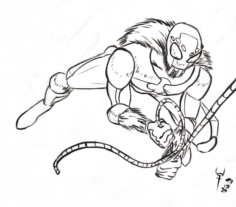 A drawing of a comic book character swinging from a steel cable.