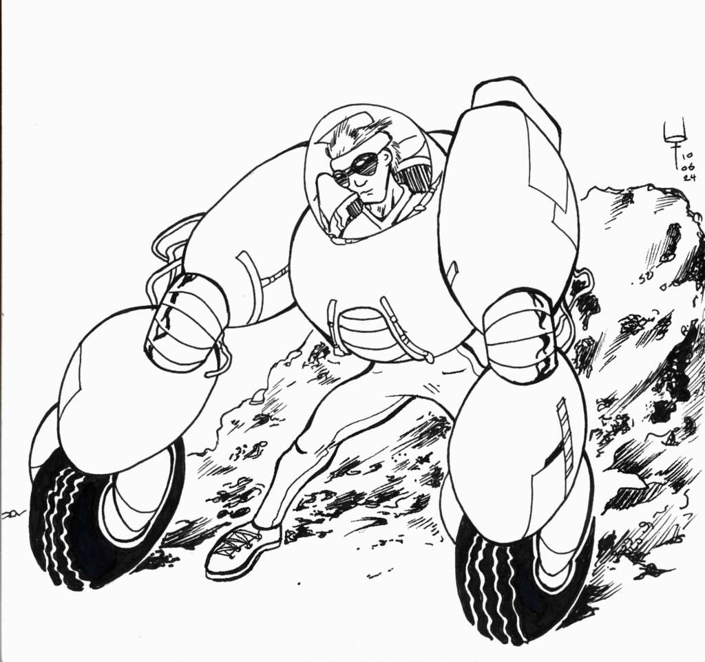 A man wears an exo-suit, and is walking on a rocky surface. His suite is bulky, and has wheels that reach the ground at the end of his arms. The suit does not cover his legs, and he instead wears jeans. 