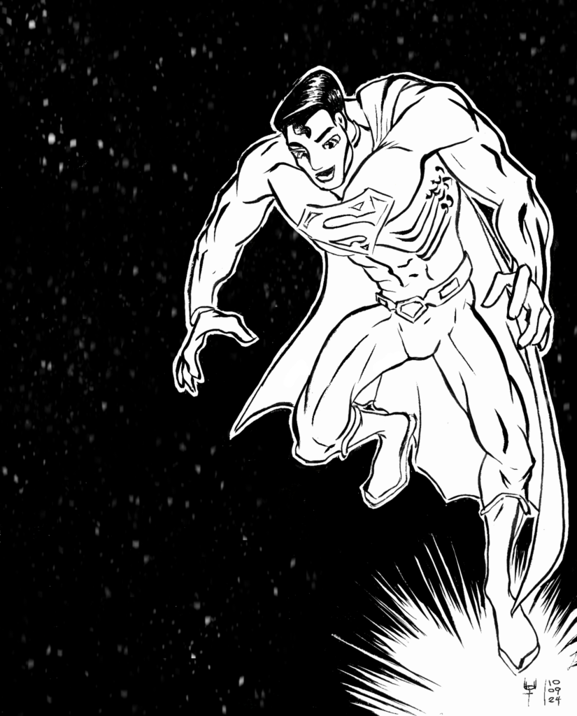 Superman is hoovering in the air in front of a backdrop of stars across the night sky. Below him is a bright light, that lights him from below.