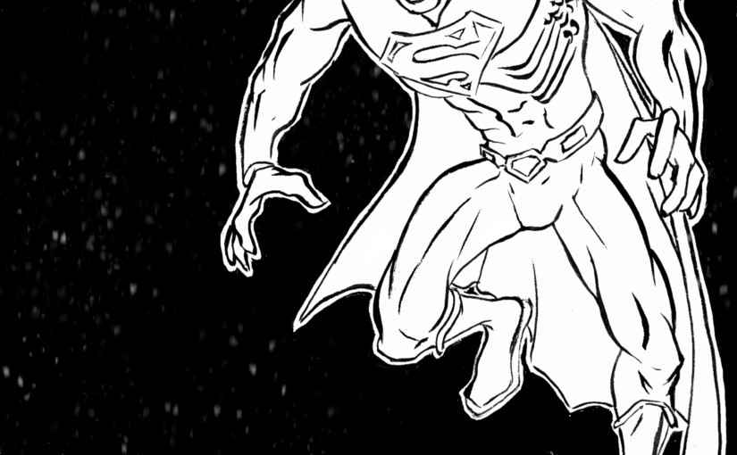 Superman is hoovering in the air in front of a backdrop of stars across the night sky. Below him is a bright light, that lights him from below.